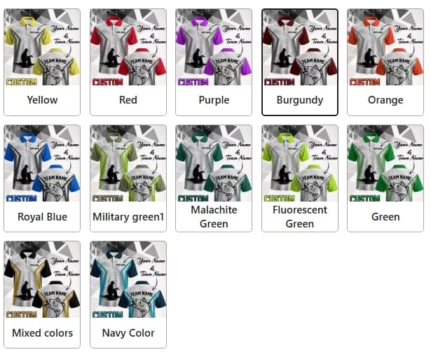 Twelve colour options for the custom fishing polo, including burgundy, navy, green, and royal blue